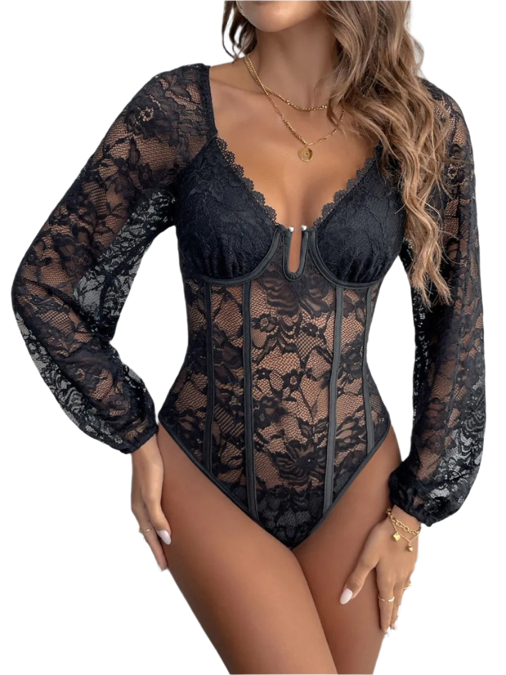 Perfee Lace V-Neck Long Sleeve Bodysuit – Women’s Elegant Sheer Lace Bodysuit